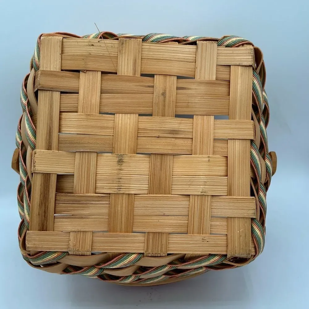 Striped Handwoven Round Basket Hinged Handle Pink/Green